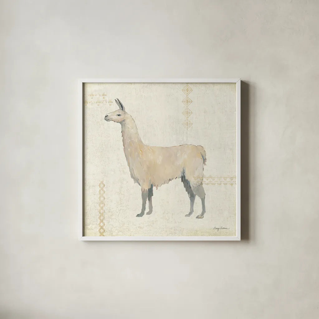 Llama Land VI by Avery Tillmon. Shown in a crisp white glass frame for a clean and minimalist style. Available as an archival giclee rolled canvas, fine art paper, or poster print. SKU 42272a.