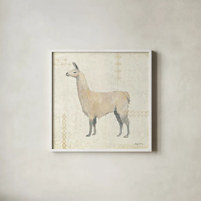 Llama Land VI by Avery Tillmon. Shown in a crisp white glass frame for a clean and minimalist style. Available as an archival giclee rolled canvas, fine art paper, or poster print. SKU 42272a.