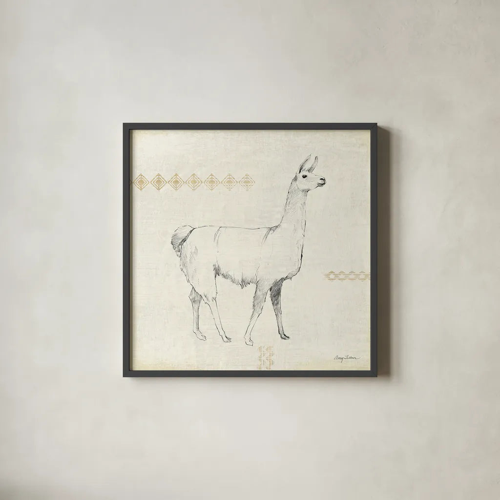 Llama Land VII by Avery Tillmon. Shown in a sleek black glass frame for a contemporary gallery look. Available as an archival giclee rolled canvas, fine art paper, or poster print. SKU 42273a.