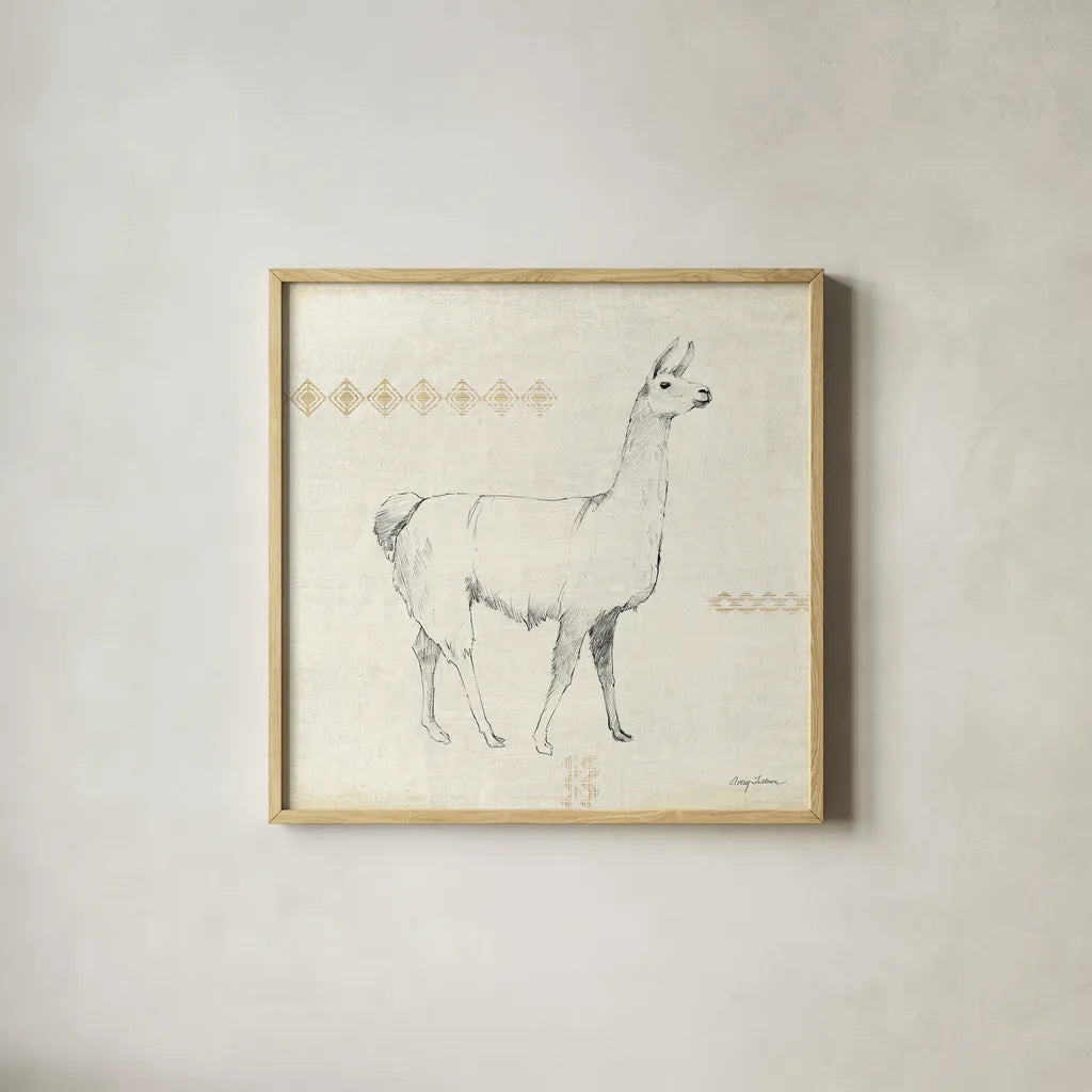 Llama Land VII by Avery Tillmon. Shown in a natural wood glass frame for a timeless modern aesthetic. Available as an archival giclee rolled canvas, fine art paper, or poster print. SKU 42273a.
