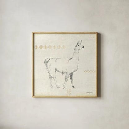 Llama Land VII by Avery Tillmon. Shown in a natural wood glass frame for a timeless modern aesthetic. Available as an archival giclee rolled canvas, fine art paper, or poster print. SKU 42273a.