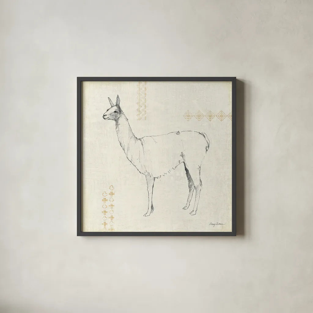 Llama Land VIII by Avery Tillmon. Shown in a sleek black glass frame for a contemporary gallery look. Available as an archival giclee rolled canvas, fine art paper, or poster print. SKU 42274a.