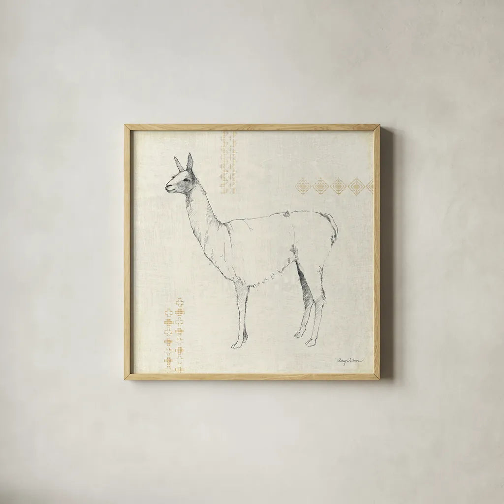 Llama Land VIII by Avery Tillmon. Shown in a natural wood glass frame for a timeless modern aesthetic. Available as an archival giclee rolled canvas, fine art paper, or poster print. SKU 42274a.