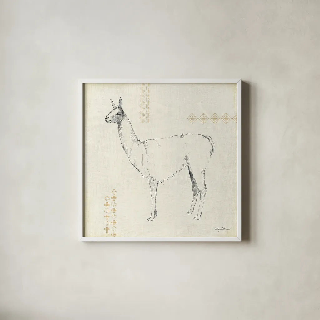Llama Land VIII by Avery Tillmon. Shown in a crisp white glass frame for a clean and minimalist style. Available as an archival giclee rolled canvas, fine art paper, or poster print. SKU 42274a.