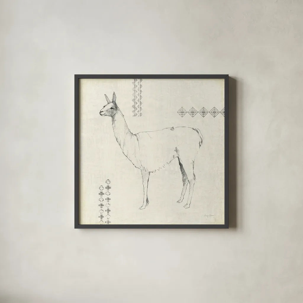 Llama Land VIII with Black by Avery Tillmon. Shown in a sleek black glass frame for a contemporary gallery look. Available as an archival giclee rolled canvas, fine art paper, or poster print. SKU 52888a.