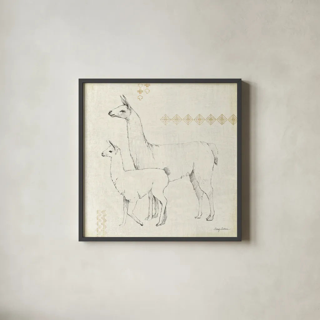 Llama Land X by Avery Tillmon. Shown in a sleek black glass frame for a contemporary gallery look. Available as an archival giclee rolled canvas, fine art paper, or poster print. SKU 42276a.