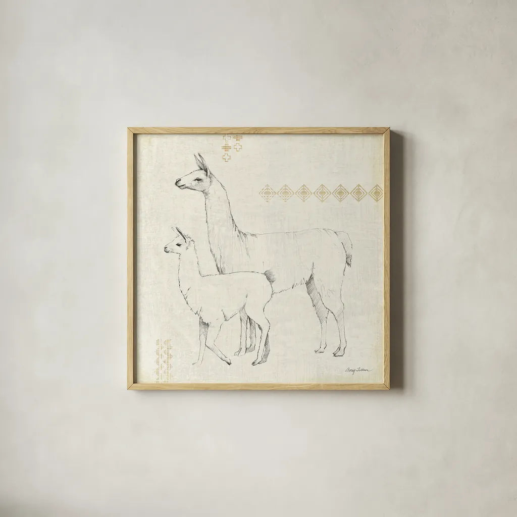 Llama Land X by Avery Tillmon. Shown in a natural wood glass frame for a timeless modern aesthetic. Available as an archival giclee rolled canvas, fine art paper, or poster print. SKU 42276a.