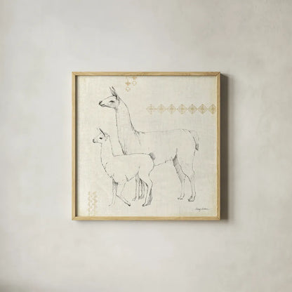 Llama Land X by Avery Tillmon. Shown in a natural wood glass frame for a timeless modern aesthetic. Available as an archival giclee rolled canvas, fine art paper, or poster print. SKU 42276a.