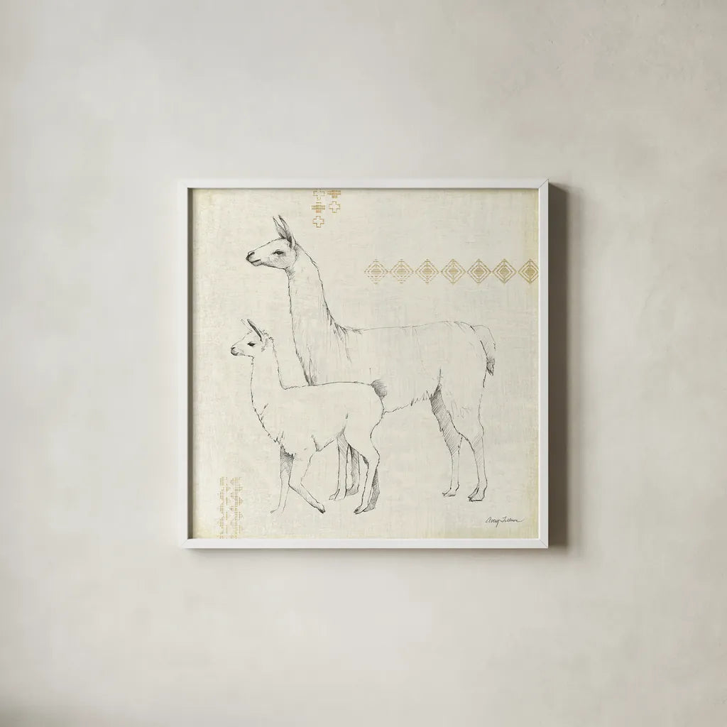 Llama Land X by Avery Tillmon. Shown in a crisp white glass frame for a clean and minimalist style. Available as an archival giclee rolled canvas, fine art paper, or poster print. SKU 42276a.