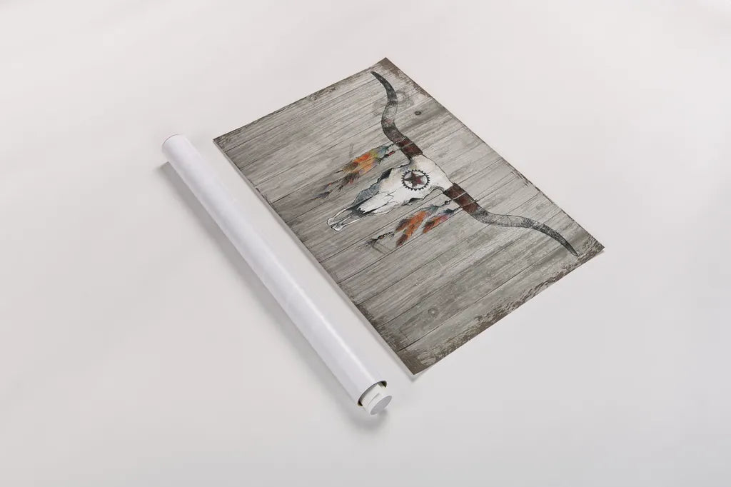 Longhorn on Dark Gray Wood by Avery Tillmon. shown as a rolled paper print. Available as archival giclee rolled canvas, fine art paper, or poster print. SKU 29801i.