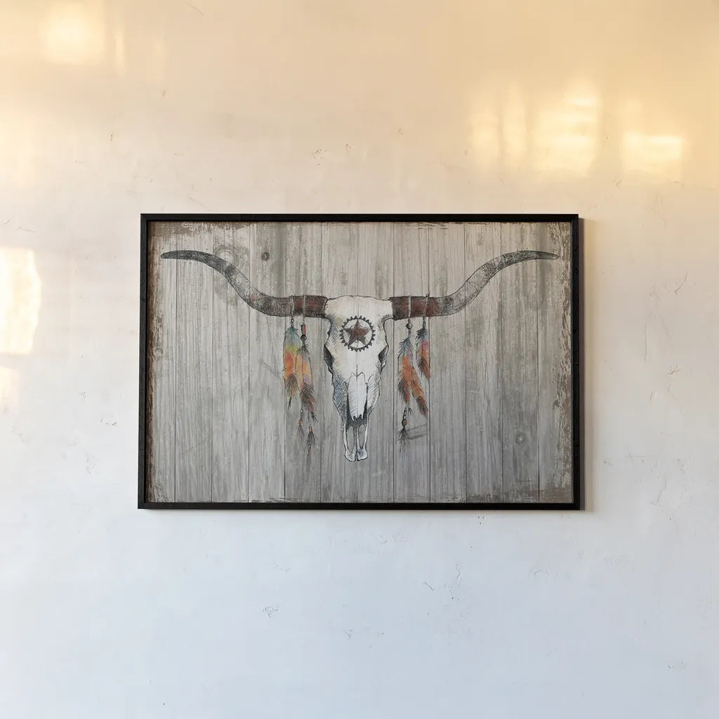 Longhorn on Dark Gray Wood by Avery Tillmon. shown as a paper print in a black flame. Available as a archival giclee rolled canvas, fine art paper, or poster print. SKU 29801i.