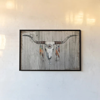 Longhorn on Dark Gray Wood by Avery Tillmon. shown as a paper print in a black flame. Available as a archival giclee rolled canvas, fine art paper, or poster print. SKU 29801i.