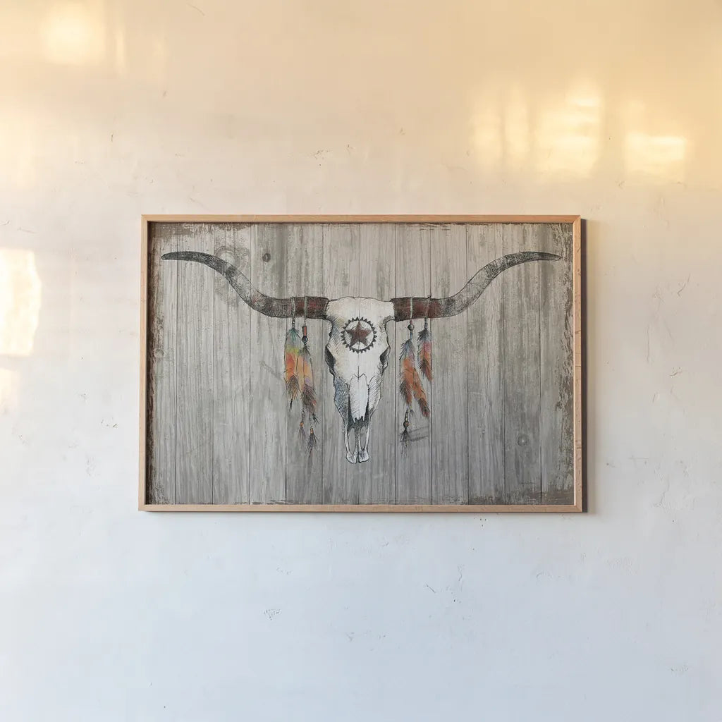 Longhorn on Dark Gray Wood by Avery Tillmon. shown as a paper print in a natural frame. Available as a archival giclee rolled canvas, fine art paper, or poster print. SKU 29801i.