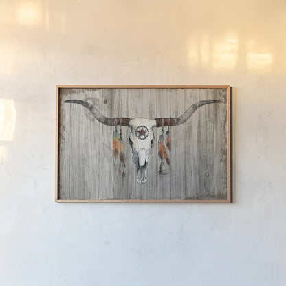 Longhorn on Dark Gray Wood by Avery Tillmon. shown as a paper print in a natural frame. Available as a archival giclee rolled canvas, fine art paper, or poster print. SKU 29801i.