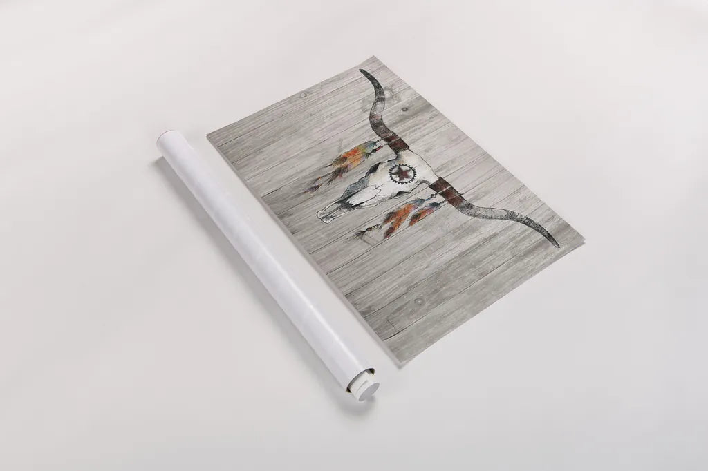 Longhorn on Wood by Avery Tillmon. shown as a rolled paper print. Available as archival giclee rolled canvas, fine art paper, or poster print. SKU 28452i.