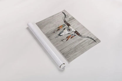 Longhorn on Wood by Avery Tillmon. shown as a rolled paper print. Available as archival giclee rolled canvas, fine art paper, or poster print. SKU 28452i.