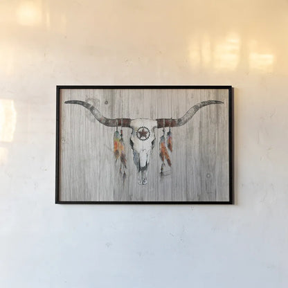 Longhorn on Wood by Avery Tillmon. shown as a paper print in a black flame. Available as a archival giclee rolled canvas, fine art paper, or poster print. SKU 28452i.