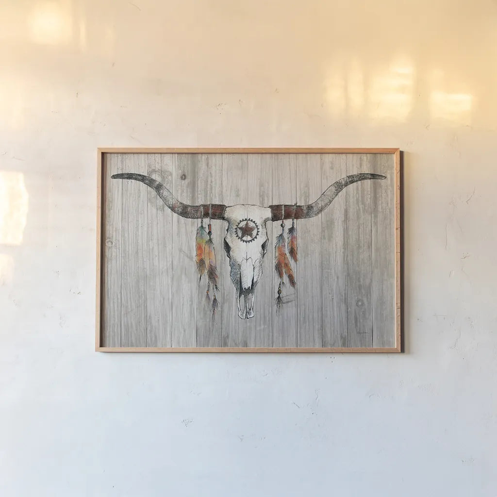 Longhorn on Wood by Avery Tillmon. shown as a paper print in a natural frame. Available as a archival giclee rolled canvas, fine art paper, or poster print. SKU 28452i.