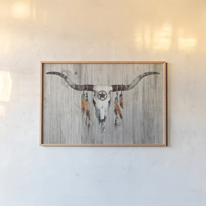 Longhorn on Wood by Avery Tillmon. shown as a paper print in a natural frame. Available as a archival giclee rolled canvas, fine art paper, or poster print. SKU 28452i.