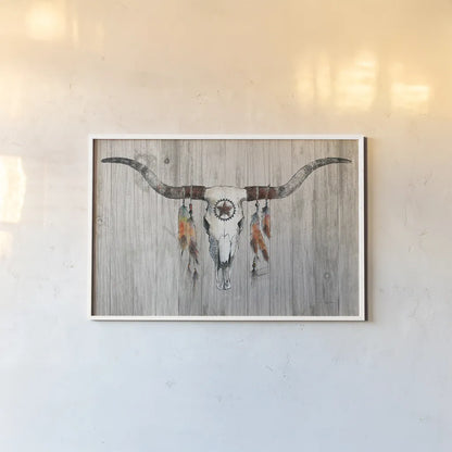 Longhorn on Wood by Avery Tillmon. shown as a paper print in a white frame. Available as a archival giclee rolled canvas, fine art paper, or poster print. SKU 28452i.