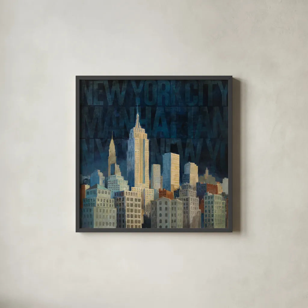 Midnight in Midtown Words by Avery Tillmon. Shown in a sleek black glass frame for a contemporary gallery look. Available as an archival giclee rolled canvas, fine art paper, or poster print. SKU 10110a.