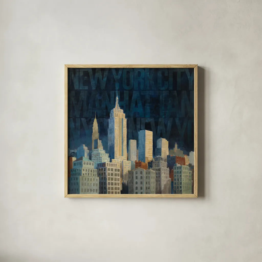 Midnight in Midtown Words by Avery Tillmon. Shown in a natural wood glass frame for a timeless modern aesthetic. Available as an archival giclee rolled canvas, fine art paper, or poster print. SKU 10110a.