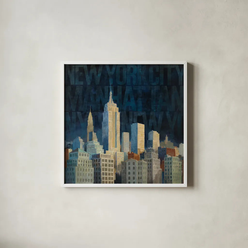 Midnight in Midtown Words by Avery Tillmon. Shown in a crisp white glass frame for a clean and minimalist style. Available as an archival giclee rolled canvas, fine art paper, or poster print. SKU 10110a.
