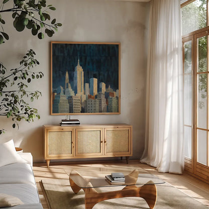 Midnight in Midtown Words by Avery Tillmon. Shown in a natural wood frame in a cozy modern living room. Available as an archival giclee rolled canvas, fine art paper, or poster print. SKU 10110a.