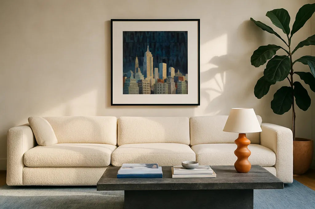 Midnight in Midtown Words by Avery Tillmon. Displayed in a glass frame with matte in a clean modern living room. Available as an archival giclee rolled canvas, fine art paper, or poster print. SKU 10110a.