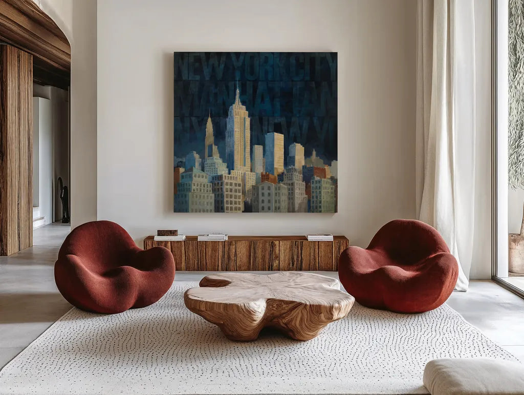 Midnight in Midtown Words by Avery Tillmon. Shown as extra-large giant wall art in a modern living room. Available as an archival giclee rolled canvas, fine art paper, or poster print. SKU 10110a.