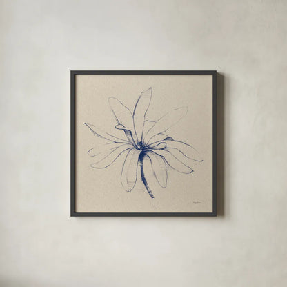 Modern Vintage Floral I Indigo by Avery Tillmon. Shown in a sleek black glass frame for a contemporary gallery look. Available as an archival giclee rolled canvas, fine art paper, or poster print. SKU 80501a.