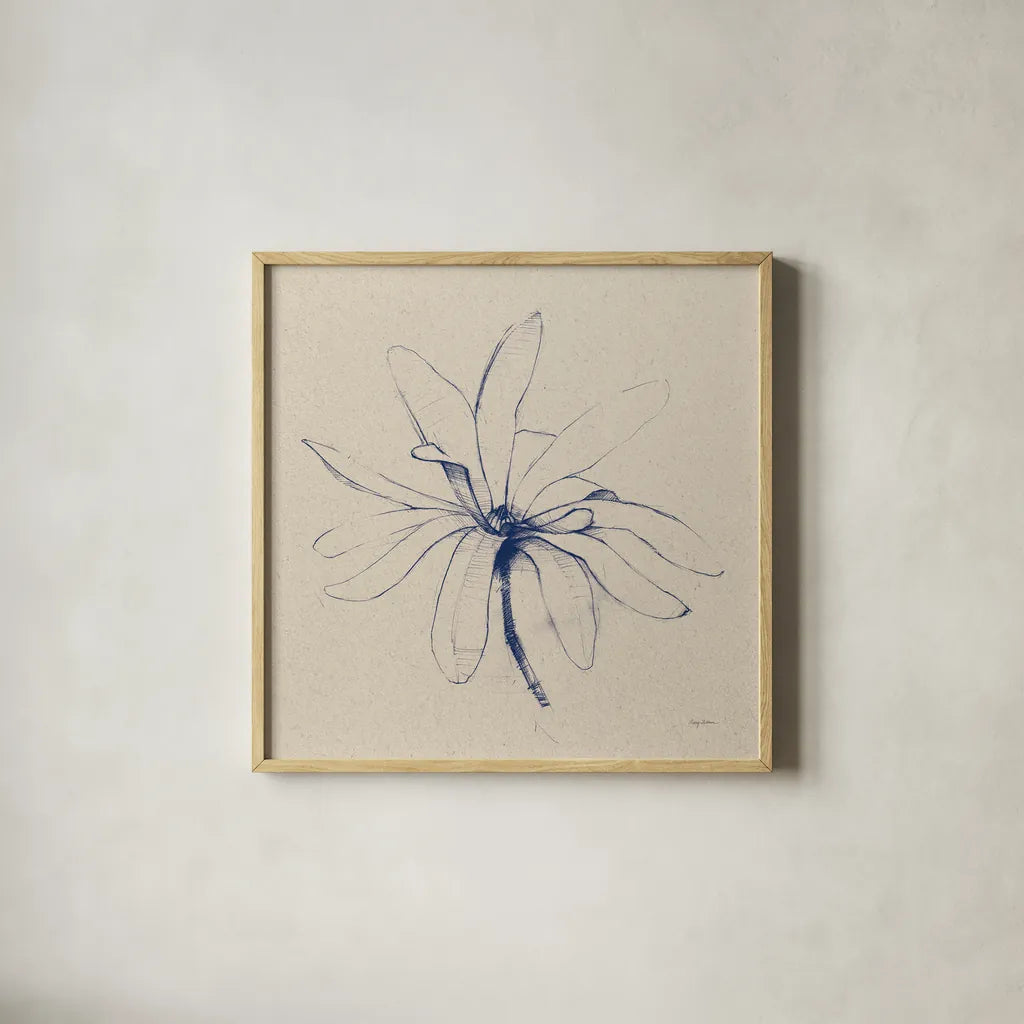 Modern Vintage Floral I Indigo by Avery Tillmon. Shown in a natural wood glass frame for a timeless modern aesthetic. Available as an archival giclee rolled canvas, fine art paper, or poster print. SKU 80501a.