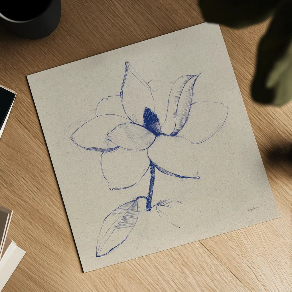 Modern Vintage Floral II Indigo by Avery Tillmon. Shown as a detailed flat fine art print, highlighting archival giclee quality. Available as an archival giclee rolled canvas, fine art paper, or poster print. SKU 80502a.