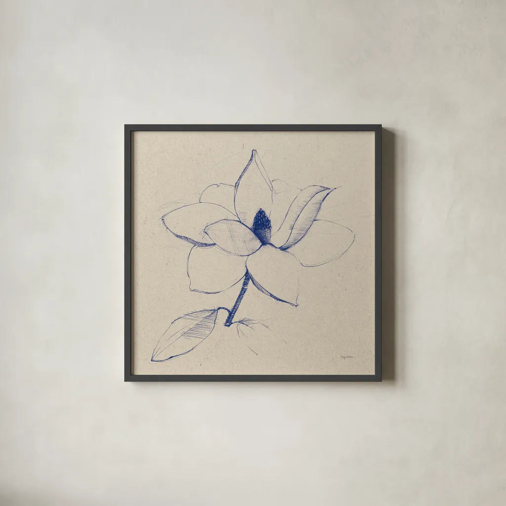 Modern Vintage Floral II Indigo by Avery Tillmon. Shown in a sleek black glass frame for a contemporary gallery look. Available as an archival giclee rolled canvas, fine art paper, or poster print. SKU 80502a.