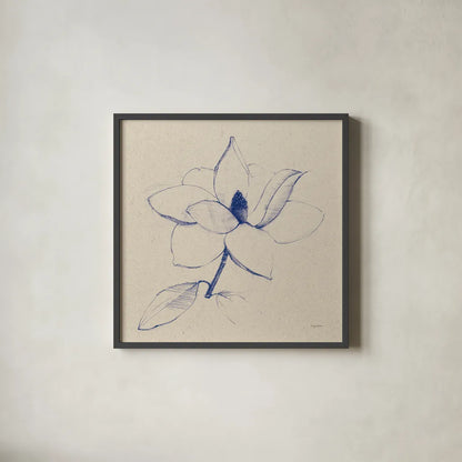 Modern Vintage Floral II Indigo by Avery Tillmon. Shown in a sleek black glass frame for a contemporary gallery look. Available as an archival giclee rolled canvas, fine art paper, or poster print. SKU 80502a.