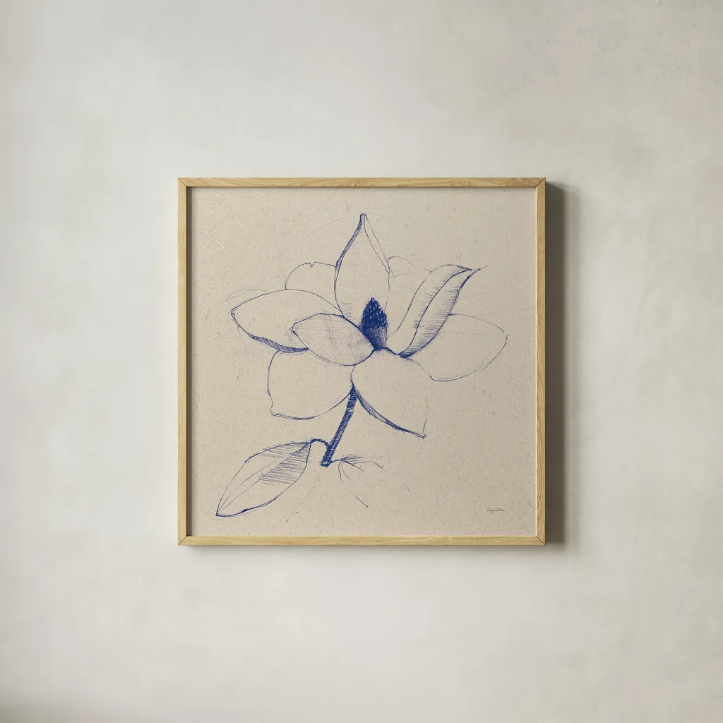 Modern Vintage Floral II Indigo by Avery Tillmon. Shown in a natural wood glass frame for a timeless modern aesthetic. Available as an archival giclee rolled canvas, fine art paper, or poster print. SKU 80502a.