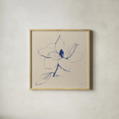 Modern Vintage Floral II Indigo by Avery Tillmon. Shown in a natural wood glass frame for a timeless modern aesthetic. Available as an archival giclee rolled canvas, fine art paper, or poster print. SKU 80502a.