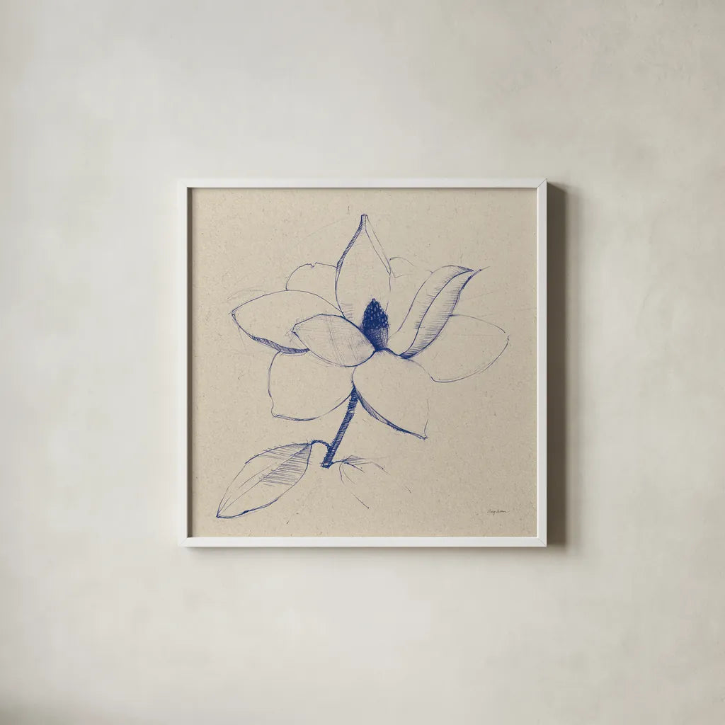 Modern Vintage Floral II Indigo by Avery Tillmon. Shown in a crisp white glass frame for a clean and minimalist style. Available as an archival giclee rolled canvas, fine art paper, or poster print. SKU 80502a.