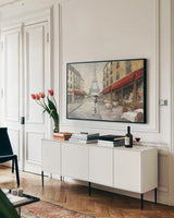 Morning in Paris by Avery Tillmon. shown as a framed stretched canvas in a living room above a console. Available as a archival giclee rolled canvas, fine art paper, or poster print. SKU 12690i.