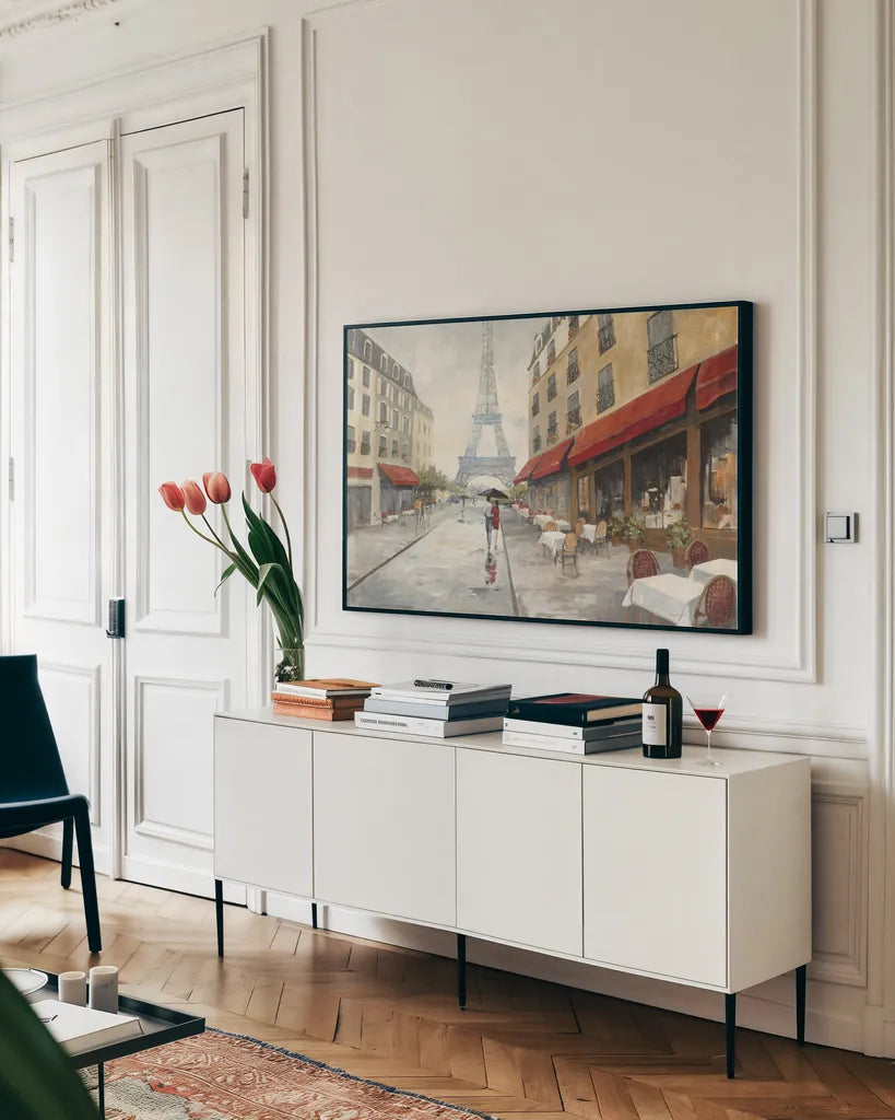 Morning in Paris by Avery Tillmon. shown as a framed stretched canvas in a living room above a console. Available as a archival giclee rolled canvas, fine art paper, or poster print. SKU 12690i.