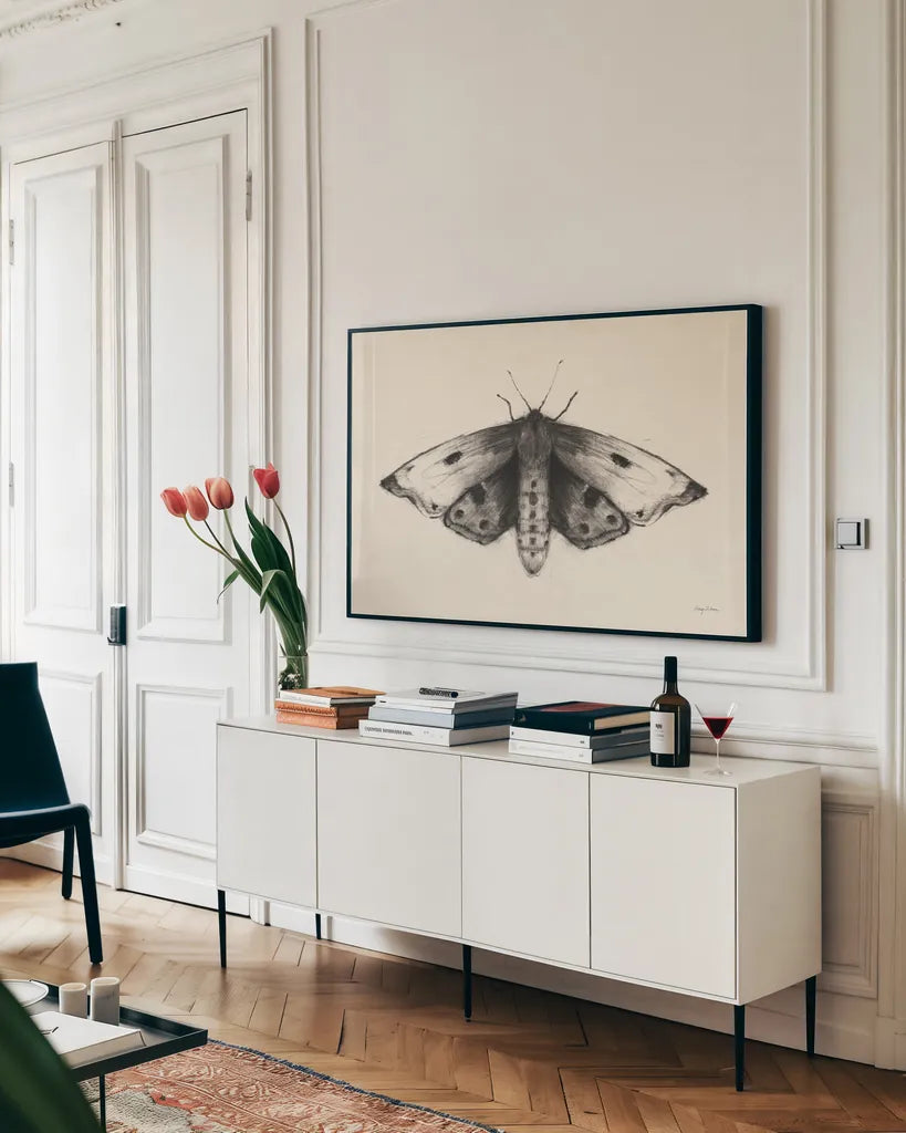Moth I by Avery Tillmon. shown as a framed stretched canvas in a living room above a console. Available as a archival giclee rolled canvas, fine art paper, or poster print. SKU 76814i.
