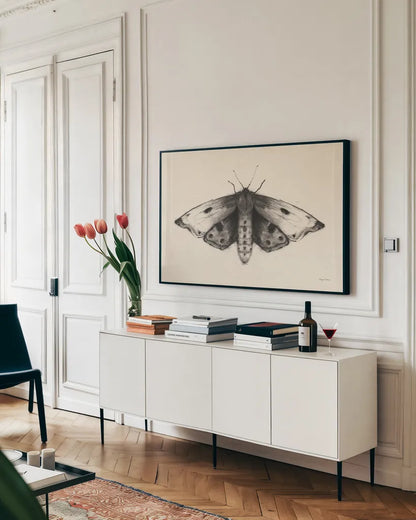 Moth I by Avery Tillmon. shown as a framed stretched canvas in a living room above a console. Available as a archival giclee rolled canvas, fine art paper, or poster print. SKU 76814i.