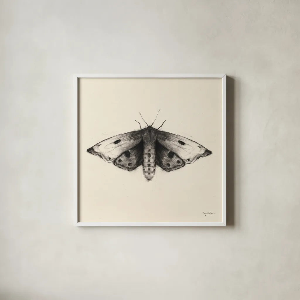 Moth I Sq by Avery Tillmon. Shown in a crisp white glass frame for a clean and minimalist style. Available as an archival giclee rolled canvas, fine art paper, or poster print. SKU 85902a.