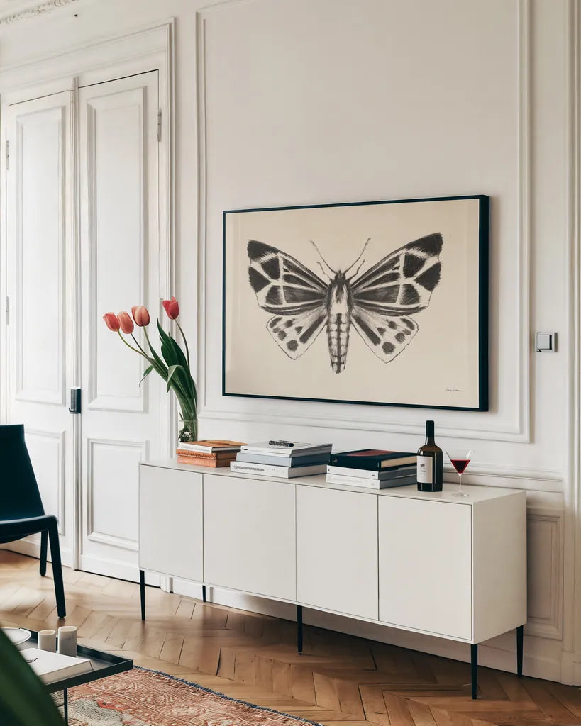 Moth III by Avery Tillmon. shown as a framed stretched canvas in a living room above a console. Available as a archival giclee rolled canvas, fine art paper, or poster print. SKU 76816i.