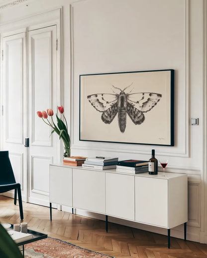 Moth IV by Avery Tillmon. shown as a framed stretched canvas in a living room above a console. Available as a archival giclee rolled canvas, fine art paper, or poster print. SKU 76817i.