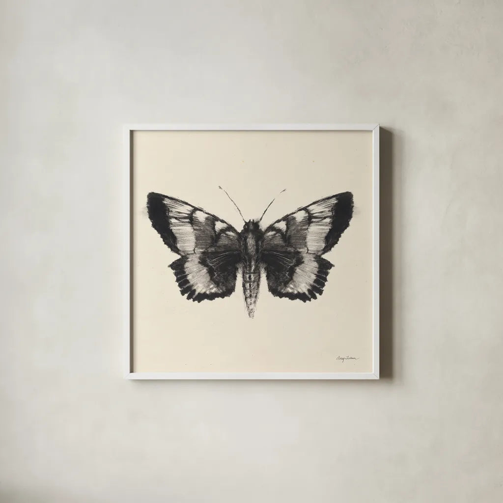 Moth V Sq by Avery Tillmon. Shown in a crisp white glass frame for a clean and minimalist style. Available as an archival giclee rolled canvas, fine art paper, or poster print. SKU 85903a.