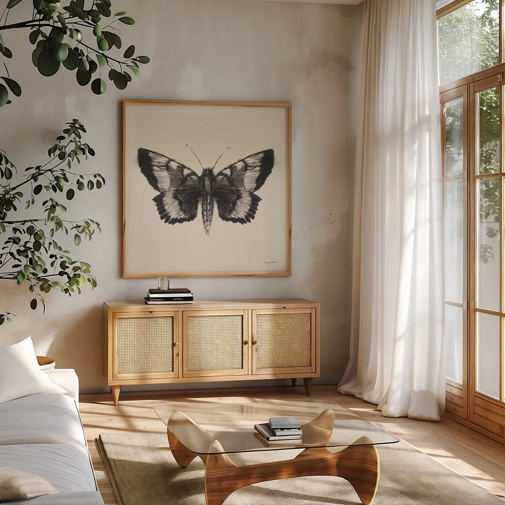 Moth V Sq by Avery Tillmon. Shown in a natural wood frame in a cozy modern living room. Available as an archival giclee rolled canvas, fine art paper, or poster print. SKU 85903a.