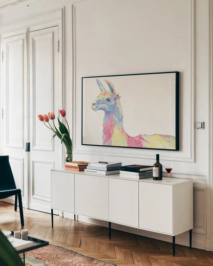 Ophelia Crop with Flowers by Avery Tillmon. shown as a framed stretched canvas in a living room above a console. Available as a archival giclee rolled canvas, fine art paper, or poster print. SKU 27547i.