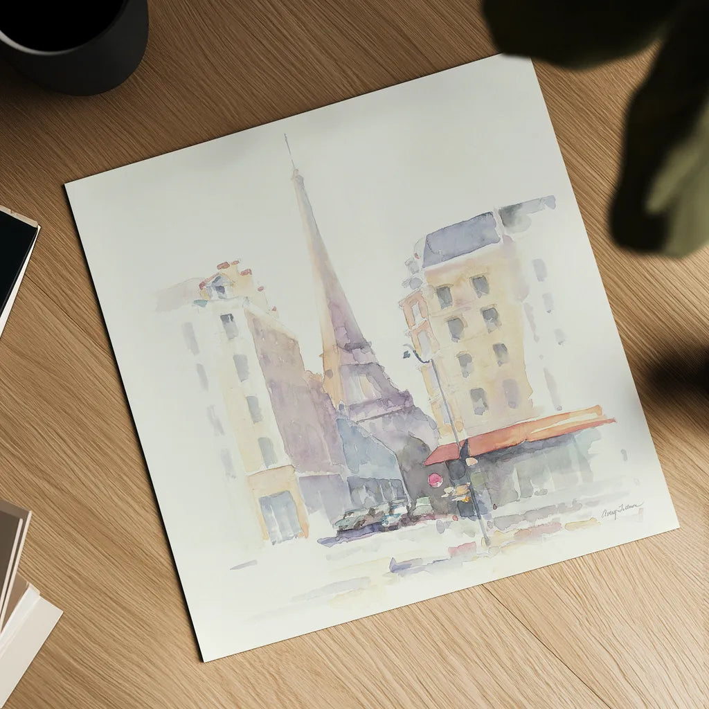 Paris Morning Square by Avery Tillmon. Shown as a detailed flat fine art print, highlighting archival giclee quality. Available as an archival giclee rolled canvas, fine art paper, or poster print. SKU 22193a.