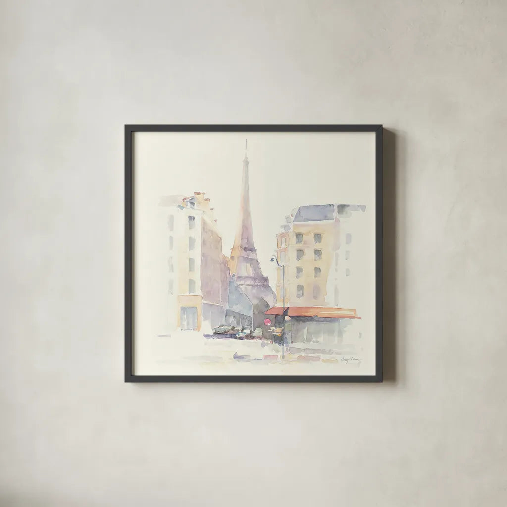 Paris Morning Square by Avery Tillmon. Shown in a sleek black glass frame for a contemporary gallery look. Available as an archival giclee rolled canvas, fine art paper, or poster print. SKU 22193a.